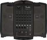 The image shows a Fender Passport Event Series 2 portable PA system with two detachable speakers and a central mixer unit. It features a 6-channel mixer with volume, tone, and reverb controls, multiple input options including XLR, 1/4" jacks, and Bluetooth. Designed for portability and easy setup, it suits solo musicians, small bands, presenters, and DJs needing compact, versatile sound for small to medium venues.