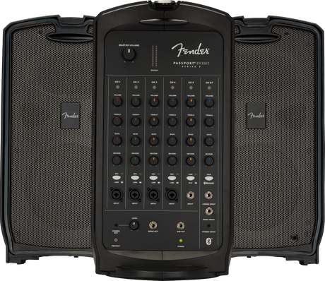 The image shows a Fender Passport Event Series 2 portable PA system with two detachable speakers and a central mixer unit. It features a 6-channel mixer with volume, tone, and reverb controls, multiple input options including XLR, 1/4" jacks, and Bluetooth. Designed for portability and easy setup, it suits solo musicians, small bands, presenters, and DJs needing compact, versatile sound for small to medium venues.