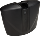 The image shows a black Fender portable amplifier with a sleek, matte finish and rounded edges. It features a sturdy top handle and the iconic Fender logo on the front. A control or input panel is visible, indicating it’s designed for musicians as a practice amp, portable PA system, or powered speaker, ideal for mobile sound reinforcement during gigs or practice sessions.