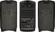 The image shows a Fender Passport Venue portable PA system with two satellite speakers and a central mixer/amplifier unit. The mixer features 8 channels with volume, EQ, effects controls, multiple inputs (XLR, 1/4"), and built-in amplification. Ideal for solo musicians, small bands, and presenters, it offers portable, all-in-one sound reinforcement for small to medium venues.