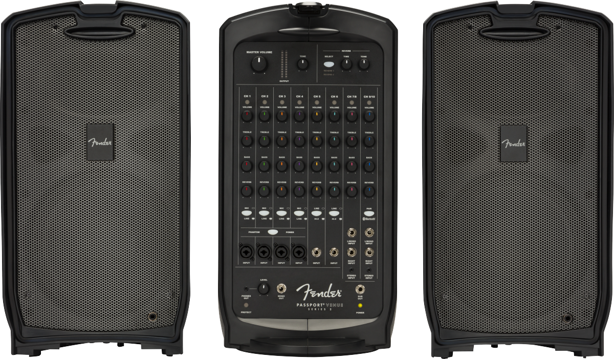 The image shows a Fender Passport Venue portable PA system with two satellite speakers and a central mixer/amplifier unit. The mixer features 8 channels with volume, EQ, effects controls, multiple inputs (XLR, 1/4"), and built-in amplification. Ideal for solo musicians, small bands, and presenters, it offers portable, all-in-one sound reinforcement for small to medium venues.