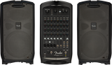 The image shows a Fender Passport Venue portable PA system with two satellite speakers and a central mixer/amplifier unit. The mixer features 8 channels with volume, EQ, effects controls, multiple inputs (XLR, 1/4"), and built-in amplification. Ideal for solo musicians, small bands, and presenters, it offers portable, all-in-one sound reinforcement for small to medium venues.
