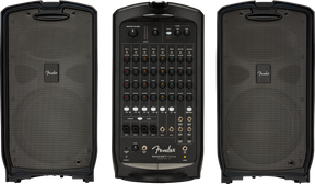 The image shows a Fender Passport Venue portable PA system with two satellite speakers and a central mixer/amplifier unit. The mixer features 8 channels with volume, EQ, effects controls, multiple inputs (XLR, 1/4"), and built-in amplification. Ideal for solo musicians, small bands, and presenters, it offers portable, all-in-one sound reinforcement for small to medium venues.