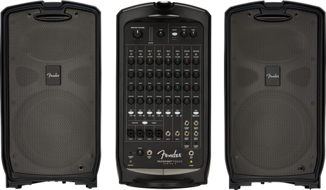 The image shows a Fender Passport Venue portable PA system with two satellite speakers and a central mixer/amplifier unit. The mixer features 8 channels with volume, EQ, effects controls, multiple inputs (XLR, 1/4"), and built-in amplification. Ideal for solo musicians, small bands, and presenters, it offers portable, all-in-one sound reinforcement for small to medium venues.