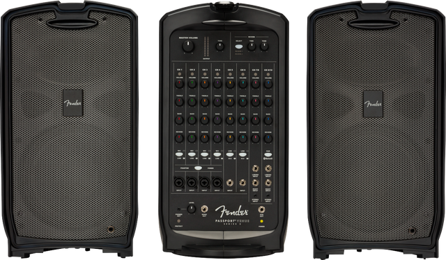 The image shows a Fender Passport Venue portable PA system with two satellite speakers and a central mixer/amplifier unit. The mixer features 8 channels with volume, EQ, effects controls, multiple inputs (XLR, 1/4"), and built-in amplification. Ideal for solo musicians, small bands, and presenters, it offers portable, all-in-one sound reinforcement for small to medium venues.
