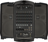 The image shows a Fender Passport Venue Series 2 portable PA system featuring two detachable speakers with Fender logos and a central mixer/amplifier unit. The mixer has 8 channels with volume, treble, bass, and reverb controls, color-coded knobs, multiple inputs (XLR, 1/4"), Bluetooth, phantom power, and master controls. Its compact, suitcase-style design is ideal for musicians and presenters needing portable sound reinforcement.