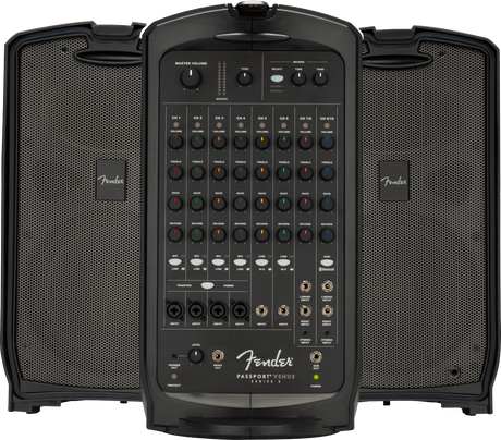 The image shows a Fender Passport Venue Series 2 portable PA system featuring two detachable speakers with Fender logos and a central mixer/amplifier unit. The mixer has 8 channels with volume, treble, bass, and reverb controls, color-coded knobs, multiple inputs (XLR, 1/4"), Bluetooth, phantom power, and master controls. Its compact, suitcase-style design is ideal for musicians and presenters needing portable sound reinforcement.