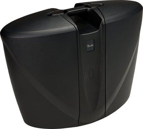 The image shows a black Fender molded hard case with a sleek, matte finish and smooth curves. It features a sturdy top handle and secure latches. Designed for a guitar or similar stringed instrument, the durable hard shell offers strong protection for transport. The modern, professional look makes it ideal for musicians carrying their instruments to gigs, recordings, or travel.