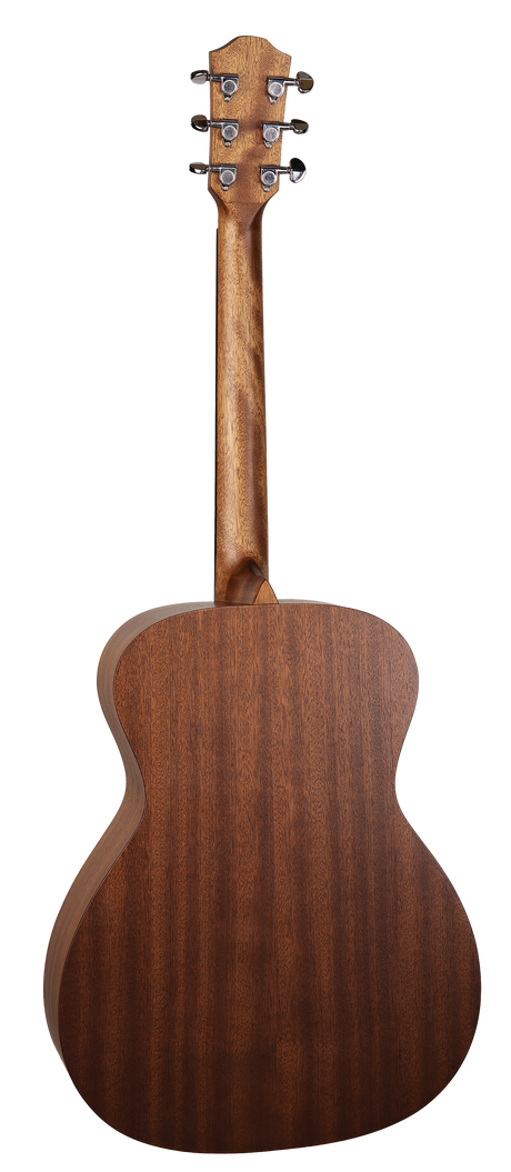 The image shows the back of a steel-string acoustic guitar with a warm brown wooden body featuring natural grain and a classic waisted shape. The neck extends to a traditional curved headstock with six chrome tuning pegs, each with white buttons. The finish appears to be a natural wood stain on hardwood, likely mahogany. The craftsmanship is clean and professional, typical of product photography highlighting back construction and tuning hardware.