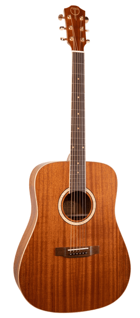 The image shows a dreadnought-style acoustic guitar with a rich mahogany finish and visible wood grain. It features six steel strings, gold-colored tuning pegs, a dark fretboard with inlays, and a wooden bridge. The guitar has binding along the body edges and a central sound hole. Photographed against a white background, it appears well-crafted with a smooth, polished finish, suitable for various musical styles.