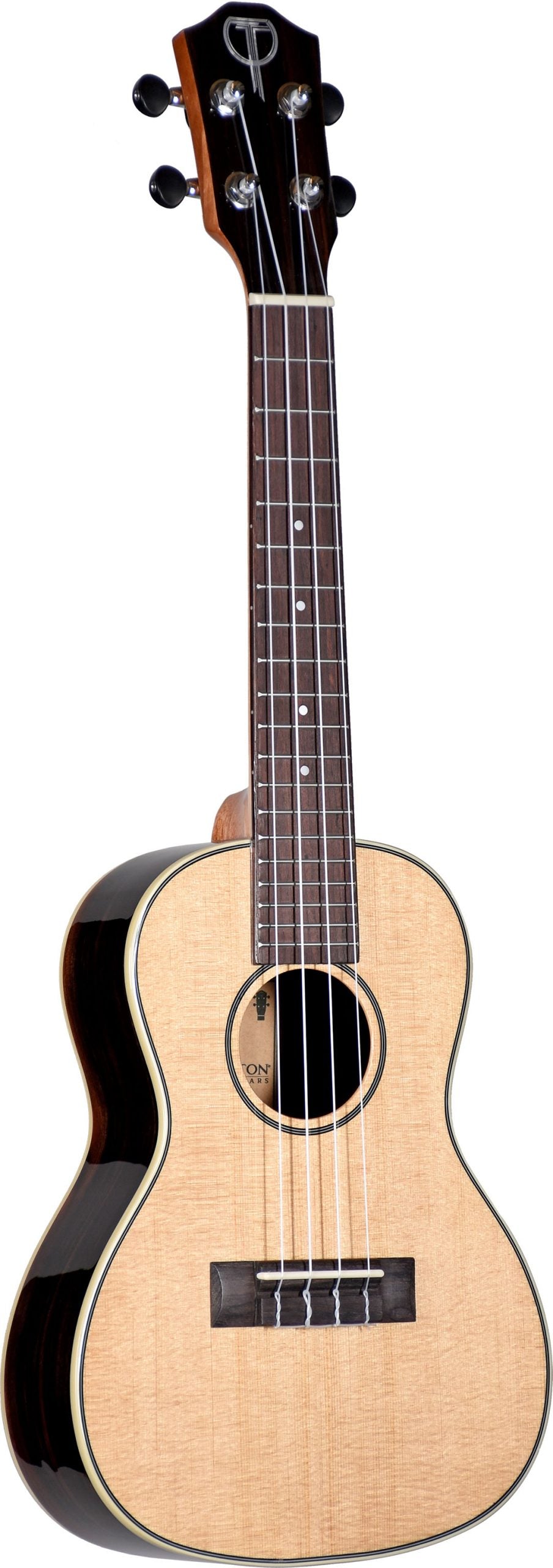 The image shows a ukulele with a small, figure-8 shaped body featuring a natural wood top and darker wood back and sides. It has four strings, a fretted dark wood fingerboard with white fret markers, four tuning pegs on the headstock, a central sound hole with decorative rosette, and a bridge at the bottom. The instrument appears well-crafted and is likely a concert or tenor size.
