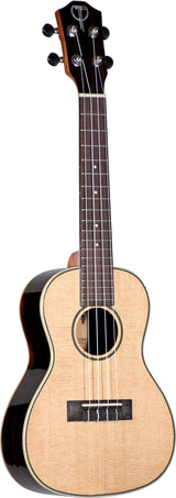 The image shows a ukulele with a small, figure-8 shaped body featuring a natural wood top and darker wood back and sides. It has four strings, a fretted dark wood fingerboard with white fret markers, four tuning pegs on the headstock, a central sound hole with decorative rosette, and a bridge at the bottom. The instrument appears well-crafted and is likely a concert or tenor size.