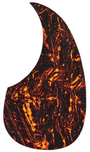 The image shows a teardrop-shaped guitar pickguard with a striking flame-like pattern. It features a black background with vibrant orange, red, and yellow swirls resembling flowing lava or fire. Made from a celluloid-style material, this decorative pickguard combines protection with a bold, eye-catching design that enhances the visual appeal of acoustic or electric guitars.