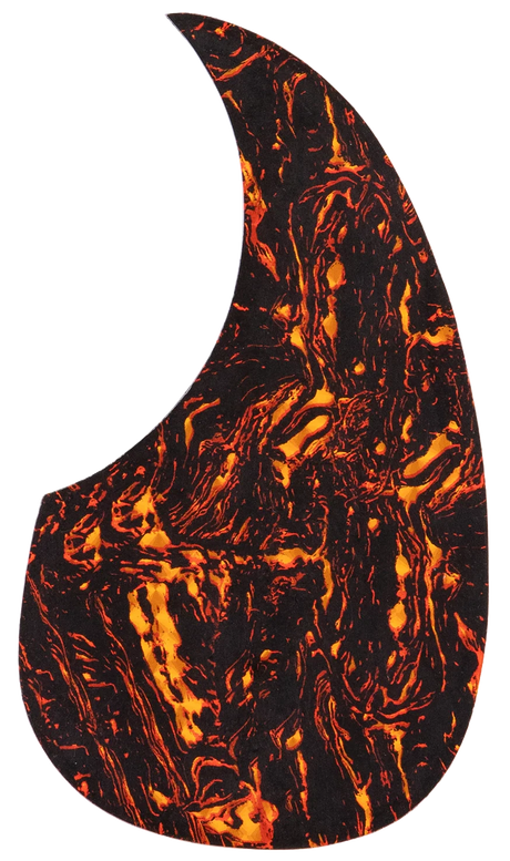 The image shows a teardrop-shaped guitar pickguard with a striking flame-like pattern. It features a black background with vibrant orange, red, and yellow swirls resembling flowing lava or fire. Made from a celluloid-style material, this decorative pickguard combines protection with a bold, eye-catching design that enhances the visual appeal of acoustic or electric guitars.
