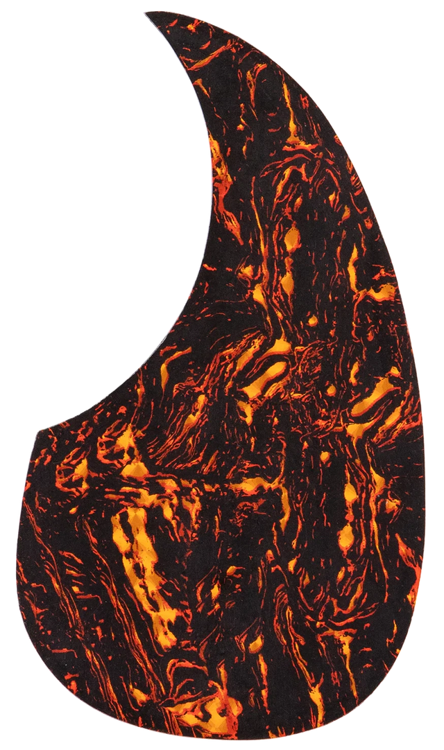 The image shows a teardrop-shaped guitar pickguard with a striking flame-like pattern. It features a black background with vibrant orange, red, and yellow swirls resembling flowing lava or fire. Made from a celluloid-style material, this decorative pickguard combines protection with a bold, eye-catching design that enhances the visual appeal of acoustic or electric guitars.