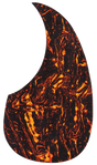 The image shows a teardrop-shaped guitar pickguard with a striking flame-like pattern. It features a black background with vibrant orange, red, and yellow swirls resembling flowing lava or fire. Made from a celluloid-style material, this decorative pickguard combines protection with a bold, eye-catching design that enhances the visual appeal of acoustic or electric guitars.