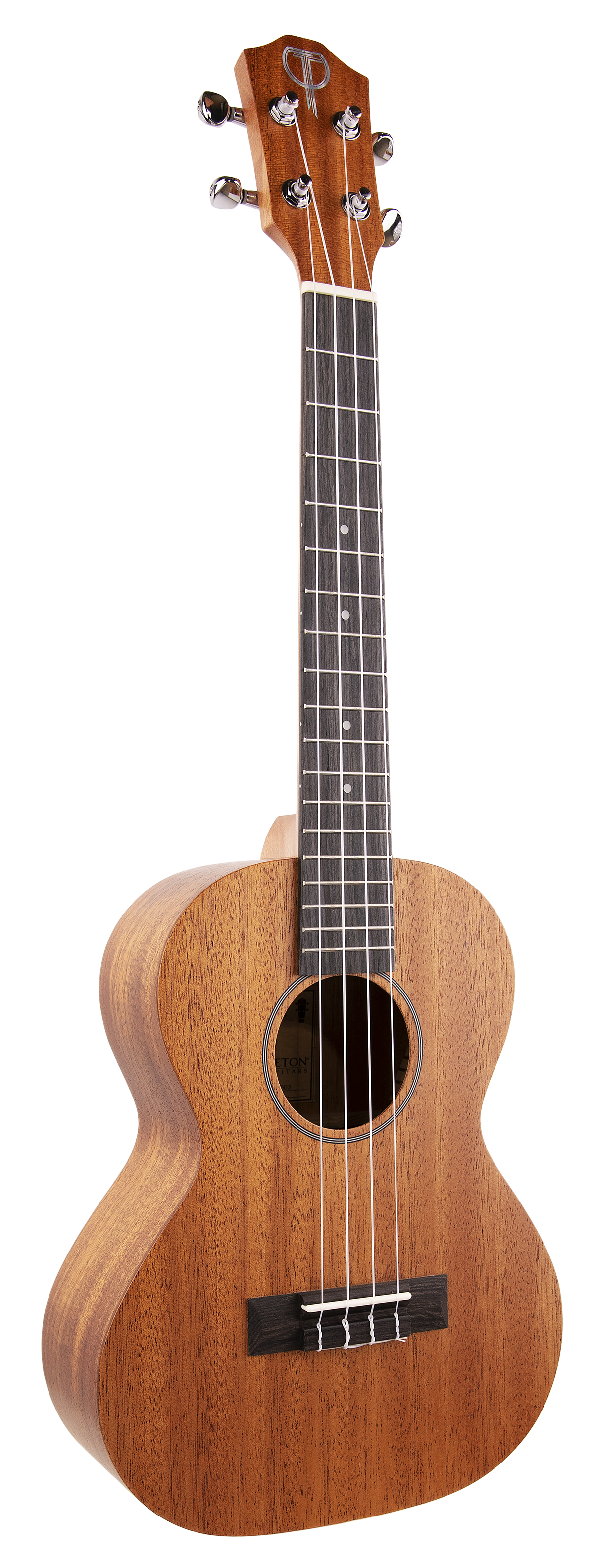 The image shows a beautiful ukulele with a warm, golden-brown natural wood finish. It has a compact, figure-8 body, four strings, a dark fretboard with white markers, chrome tuning pegs, a simple black bridge, and a central sound hole with a decorative rosette. The natural wood grain is visible, and a logo is on the headstock. This well-crafted instrument suits both beginners and experienced players.