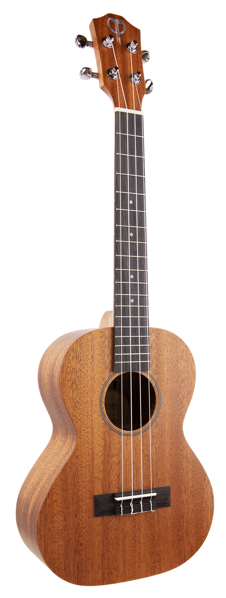 The image shows a beautiful ukulele with a warm, golden-brown natural wood finish. It has a compact, figure-8 body, four strings, a dark fretboard with white markers, chrome tuning pegs, a simple black bridge, and a central sound hole with a decorative rosette. The natural wood grain is visible, and a logo is on the headstock. This well-crafted instrument suits both beginners and experienced players.