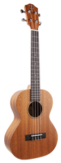 The image shows a beautiful ukulele with a warm, golden-brown natural wood finish. It has a compact, figure-8 body, four strings, a dark fretboard with white markers, chrome tuning pegs, a simple black bridge, and a central sound hole with a decorative rosette. The natural wood grain is visible, and a logo is on the headstock. This well-crafted instrument suits both beginners and experienced players.