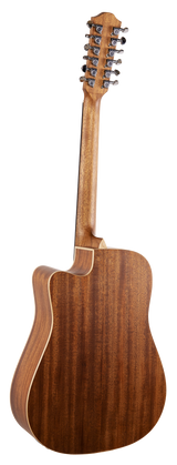 The image shows the back of a 12-string acoustic guitar with a warm brown wood finish, likely mahogany, featuring visible grain and light binding. It has a dreadnought-style body with a cutaway. The headstock displays 12 chrome tuning pegs in pairs. The guitar appears well-crafted with quality hardware, suited for fuller, richer sound typical of 12-string acoustics used in folk, rock, and acoustic genres.