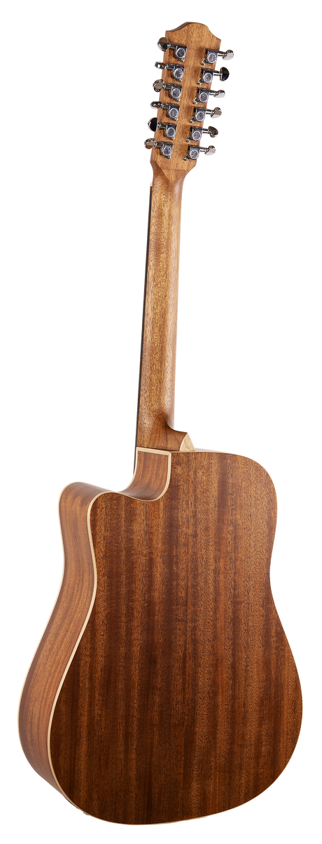 The image shows the back of a 12-string acoustic guitar with a warm brown wood finish, likely mahogany, featuring visible grain and light binding. It has a dreadnought-style body with a cutaway. The headstock displays 12 chrome tuning pegs in pairs. The guitar appears well-crafted with quality hardware, suited for fuller, richer sound typical of 12-string acoustics used in folk, rock, and acoustic genres.