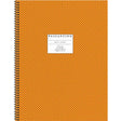 Orange spiral-bound notebook with a label on a white background