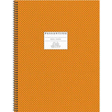 Orange spiral-bound notebook with a label on a white background