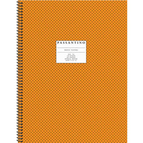 Orange spiral-bound notebook with a label on a white background
