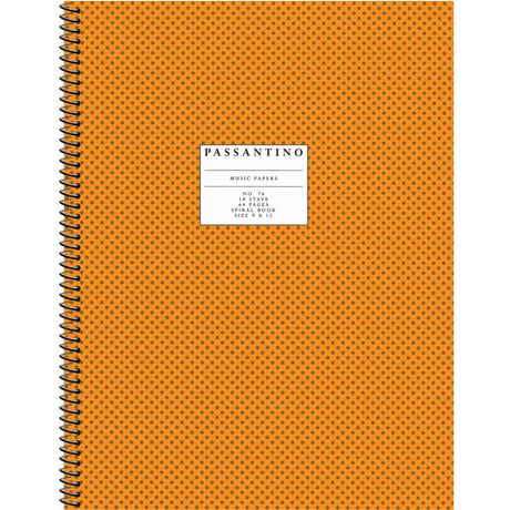 Orange spiral-bound notebook with a label on a white background