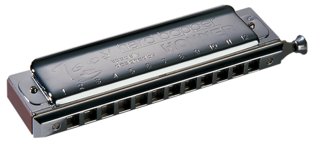 The image shows a Hohner Hard Bopper Pro Harp chromatic harmonica. It features a black and chrome finish with "Hard bopper" and "Pro Harp" branding on the top plate. The side-mounted chrome button enables access to sharps and flats. The 12-hole layout is visible, indicating a 3-octave range. This professional-grade instrument has metal cover plates and is commonly used in jazz and classical music for its full chromatic capabilities.