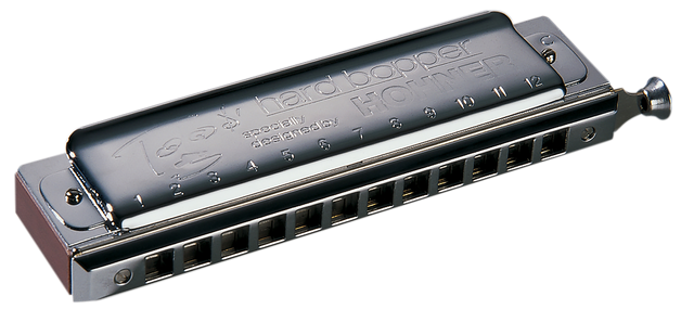 The image shows a Hohner Hard Bopper Pro Harp chromatic harmonica. It features a black and chrome finish with "Hard bopper" and "Pro Harp" branding on the top plate. The side-mounted chrome button enables access to sharps and flats. The 12-hole layout is visible, indicating a 3-octave range. This professional-grade instrument has metal cover plates and is commonly used in jazz and classical music for its full chromatic capabilities.