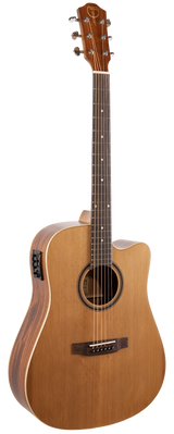 The image shows an acoustic-electric guitar with a single cutaway body, natural wood finish, and light-colored top with darker back and sides. It features side-mounted electronics, chrome tuning pegs, a dark wood bridge with a compensated saddle, a dark fretboard with dot markers, decorative leaf inlays on the headstock, and light binding around the body edges. This guitar suits both acoustic and amplified performances.