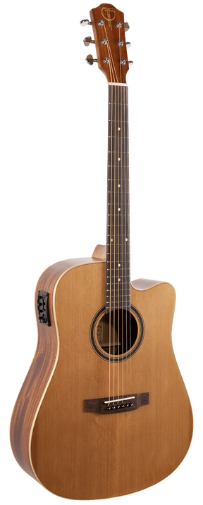 The image shows an acoustic-electric guitar with a single cutaway body, natural wood finish, and light-colored top with darker back and sides. It features side-mounted electronics, chrome tuning pegs, a dark wood bridge with a compensated saddle, a dark fretboard with dot markers, decorative leaf inlays on the headstock, and light binding around the body edges. This guitar suits both acoustic and amplified performances.