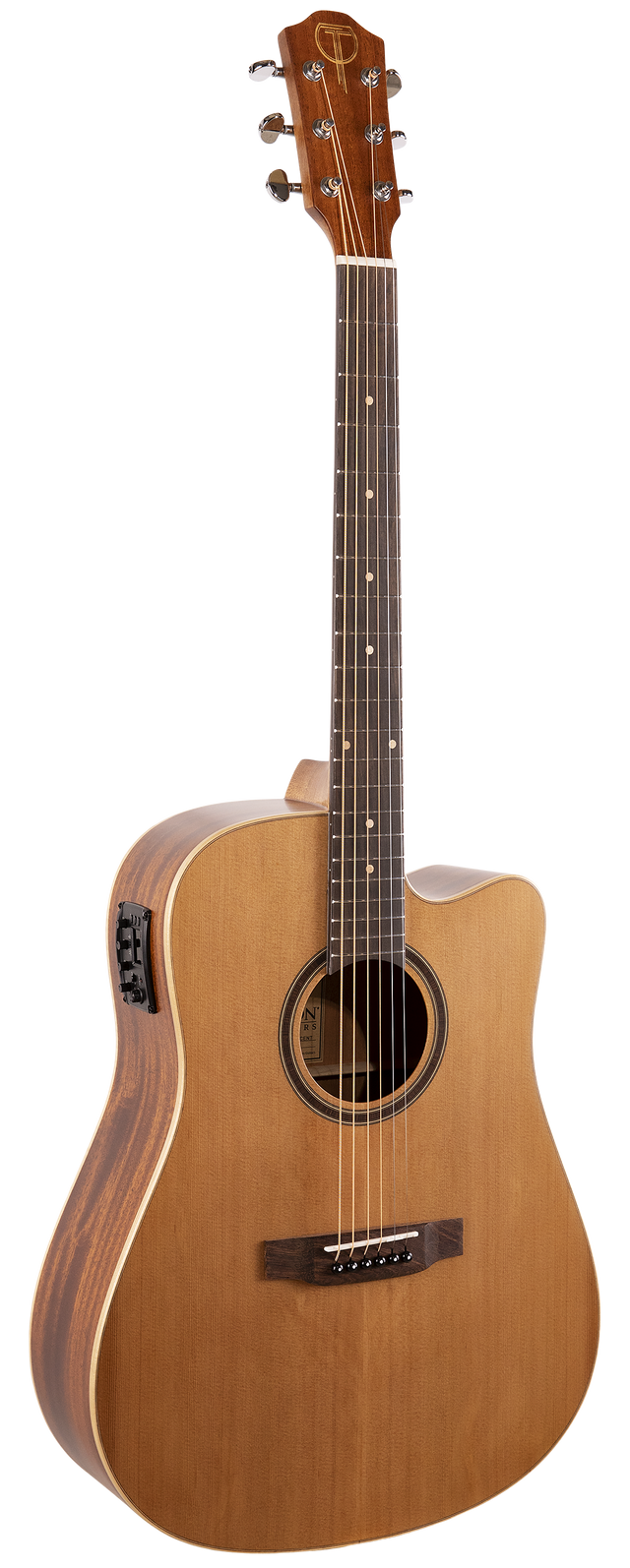The image shows an acoustic-electric guitar with a single cutaway body, natural wood finish, and light-colored top with darker back and sides. It features side-mounted electronics, chrome tuning pegs, a dark wood bridge with a compensated saddle, a dark fretboard with dot markers, decorative leaf inlays on the headstock, and light binding around the body edges. This guitar suits both acoustic and amplified performances.