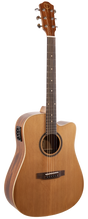 The image shows an acoustic-electric guitar with a single cutaway body, natural wood finish, and light-colored top with darker back and sides. It features side-mounted electronics, chrome tuning pegs, a dark wood bridge with a compensated saddle, a dark fretboard with dot markers, decorative leaf inlays on the headstock, and light binding around the body edges. This guitar suits both acoustic and amplified performances.