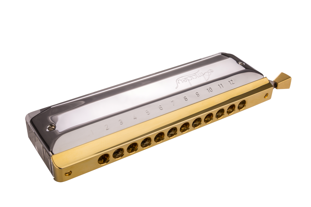 The image shows a chromatic harmonica with a gold/brass metal comb and a silver/chrome cover plate numbered 1-12 for hole identification. It features a side slide mechanism that enables access to sharps and flats, allowing all 12 chromatic notes. This advanced instrument, used in jazz and classical music, offers full chromatic capability and appears to be a professional or semi-professional model.