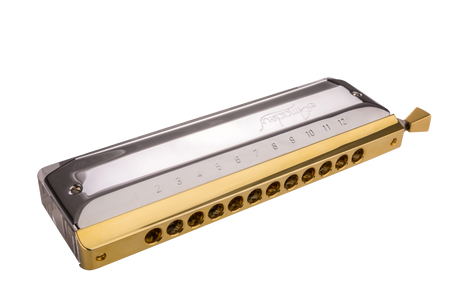 The image shows a chromatic harmonica with a gold/brass metal comb and a silver/chrome cover plate numbered 1-12 for hole identification. It features a side slide mechanism that enables access to sharps and flats, allowing all 12 chromatic notes. This advanced instrument, used in jazz and classical music, offers full chromatic capability and appears to be a professional or semi-professional model.
