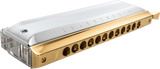 The image shows a chromatic harmonica with a gold-colored metal comb, clear plastic cover plates, and multiple round holes numbered along the top. It features a side-mounted slide button, enabling access to all 12 chromatic notes. This sophisticated instrument is designed for versatility in genres like jazz and classical, indicating it is a high-quality model suited for professional musicians.