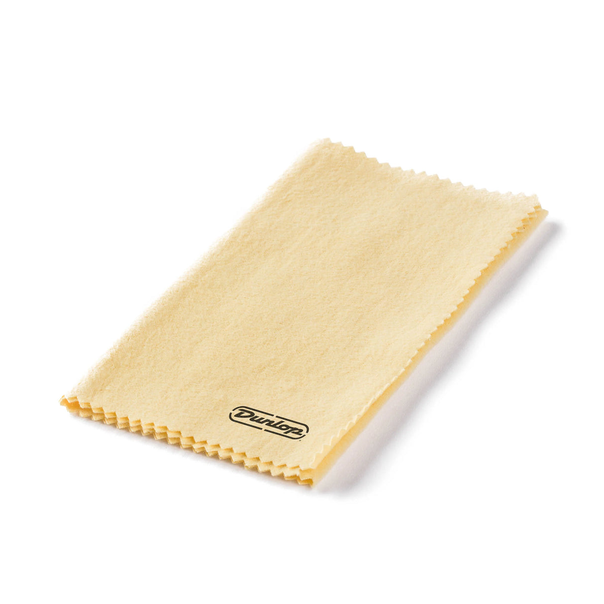 The image shows a Dunlop polishing cloth, a yellow-golden microfiber cleaning cloth with serrated edges and the Dunlop logo. Used by musicians to clean guitars, basses, and other stringed instruments, it removes fingerprints, dust, and grime from surfaces, strings, and hardware. Dunlop is a well-known brand offering picks, strings, capos, and maintenance products like this cloth.