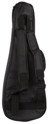The image shows a black padded guitar gig bag designed for an acoustic guitar. It features durable fabric, adjustable backpack straps, a top handle, and multiple zippered compartments, including a front pocket for accessories. This lightweight soft case offers protection and convenient carrying options for transporting the guitar to lessons, performances, or practice.