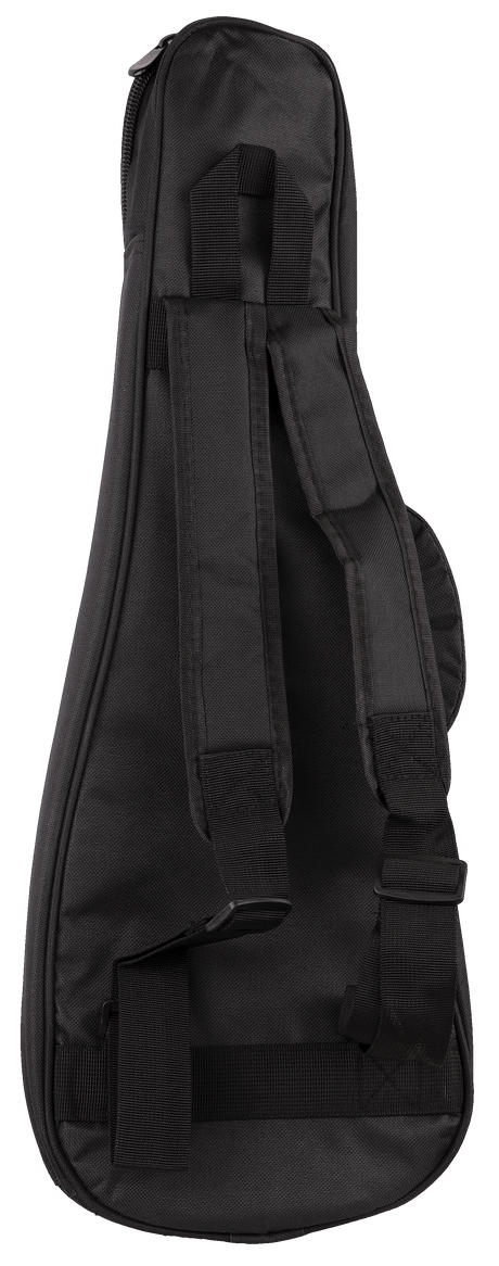The image shows a black padded guitar gig bag designed for an acoustic guitar. It features durable fabric, adjustable backpack straps, a top handle, and multiple zippered compartments, including a front pocket for accessories. This lightweight soft case offers protection and convenient carrying options for transporting the guitar to lessons, performances, or practice.