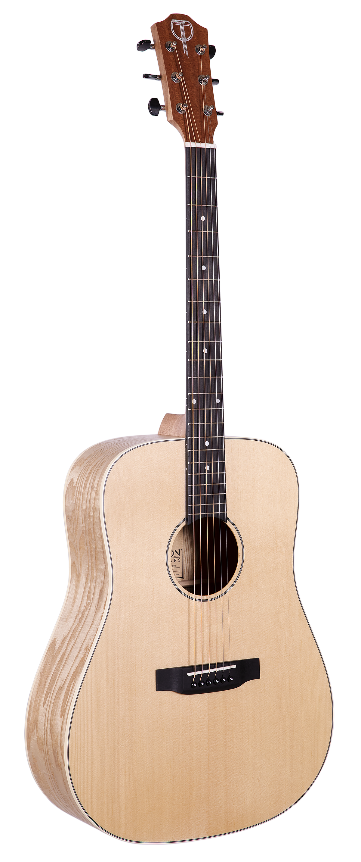 The image shows a natural wood dreadnought-style acoustic guitar with a light spruce top and laminated back and sides. It has six steel strings, a dark fretboard with white dot markers, chrome tuning pegs, a black bridge with a compensated saddle, and a simple black and white rosette around the sound hole. The headstock features a brand logo. The guitar has a classic, clean design, suitable for various musical styles.