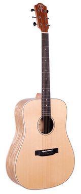 The image shows a natural wood dreadnought-style acoustic guitar with a light spruce top and laminated back and sides. It has six steel strings, a dark fretboard with white dot markers, chrome tuning pegs, a black bridge with a compensated saddle, and a simple black and white rosette around the sound hole. The headstock features a brand logo. The guitar has a classic, clean design, suitable for various musical styles.