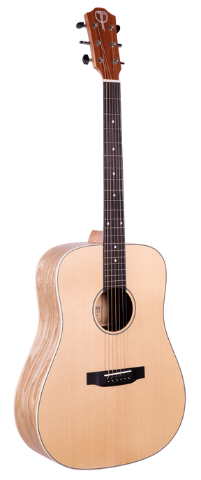 The image shows a natural wood dreadnought-style acoustic guitar with a light spruce top and laminated back and sides. It has six steel strings, a dark fretboard with white dot markers, chrome tuning pegs, a black bridge with a compensated saddle, and a simple black and white rosette around the sound hole. The headstock features a brand logo. The guitar has a classic, clean design, suitable for various musical styles.