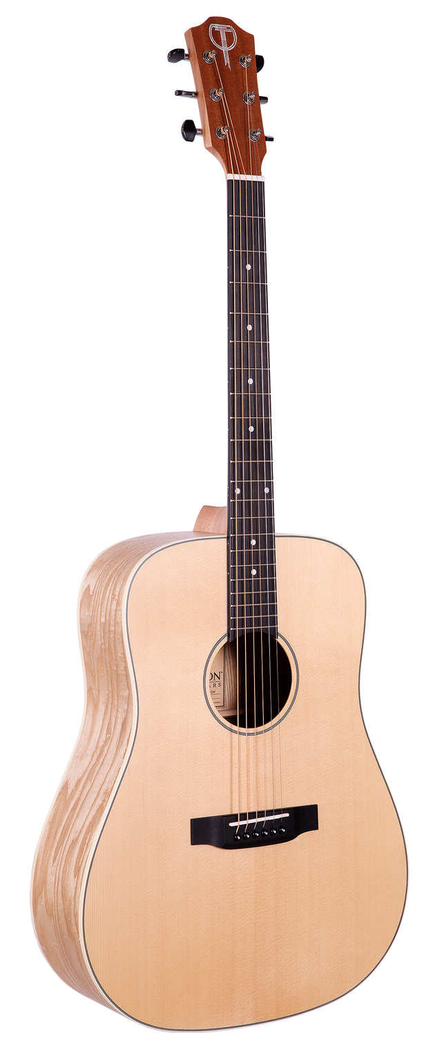 The image shows a natural wood dreadnought-style acoustic guitar with a light spruce top and laminated back and sides. It has six steel strings, a dark fretboard with white dot markers, chrome tuning pegs, a black bridge with a compensated saddle, and a simple black and white rosette around the sound hole. The headstock features a brand logo. The guitar has a classic, clean design, suitable for various musical styles.