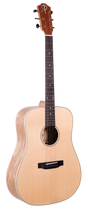The image shows a natural wood dreadnought-style acoustic guitar with a light spruce top and laminated back and sides. It has six steel strings, a dark fretboard with white dot markers, chrome tuning pegs, a black bridge with a compensated saddle, and a simple black and white rosette around the sound hole. The headstock features a brand logo. The guitar has a classic, clean design, suitable for various musical styles.