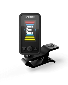 The image shows a D'Addario clip-on chromatic tuner for guitars and other stringed instruments. It features a color display with tuning indicators, navigation buttons, and a rotating clip for adjustable positioning. This compact device detects string vibrations for quick, cable-free tuning, making it a convenient accessory for musicians.