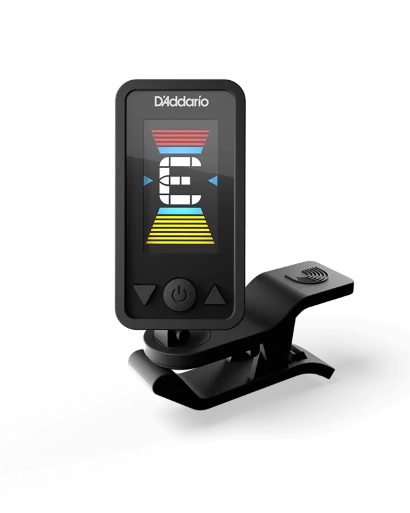 The image shows a D'Addario clip-on chromatic tuner for guitars and other stringed instruments. It features a color display with tuning indicators, navigation buttons, and a rotating clip for adjustable positioning. This compact device detects string vibrations for quick, cable-free tuning, making it a convenient accessory for musicians.