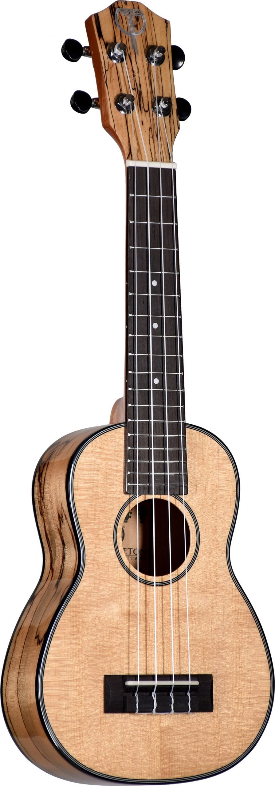 The image shows a beautiful ukulele with a natural wood body featuring light-colored top and darker striped back and sides. It has a traditional figure-8 shape, four nylon strings, a dark fretboard with position dots, and four chrome tuning pegs with black buttons in a 2+2 layout. Likely a concert or tenor size, this well-crafted instrument highlights quality woodwork and classic ukulele design.