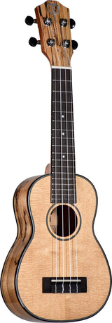 The image shows a beautiful ukulele with a natural wood body featuring light-colored top and darker striped back and sides. It has a traditional figure-8 shape, four nylon strings, a dark fretboard with position dots, and four chrome tuning pegs with black buttons in a 2+2 layout. Likely a concert or tenor size, this well-crafted instrument highlights quality woodwork and classic ukulele design.